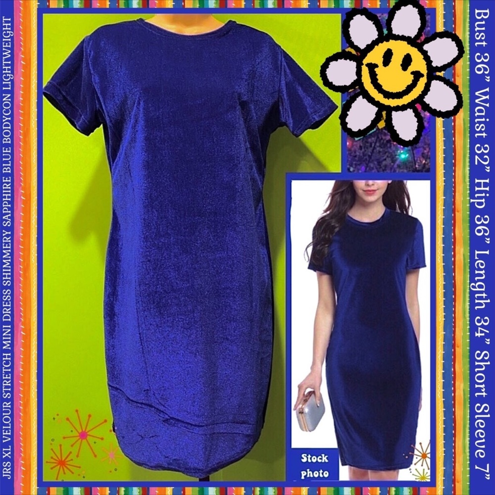 NWOT JRS XL VELOUR STRETCH MINI DRESS SHIMMERY SAPPHIRE BLUE BODYCON LIGHTWEIGHT